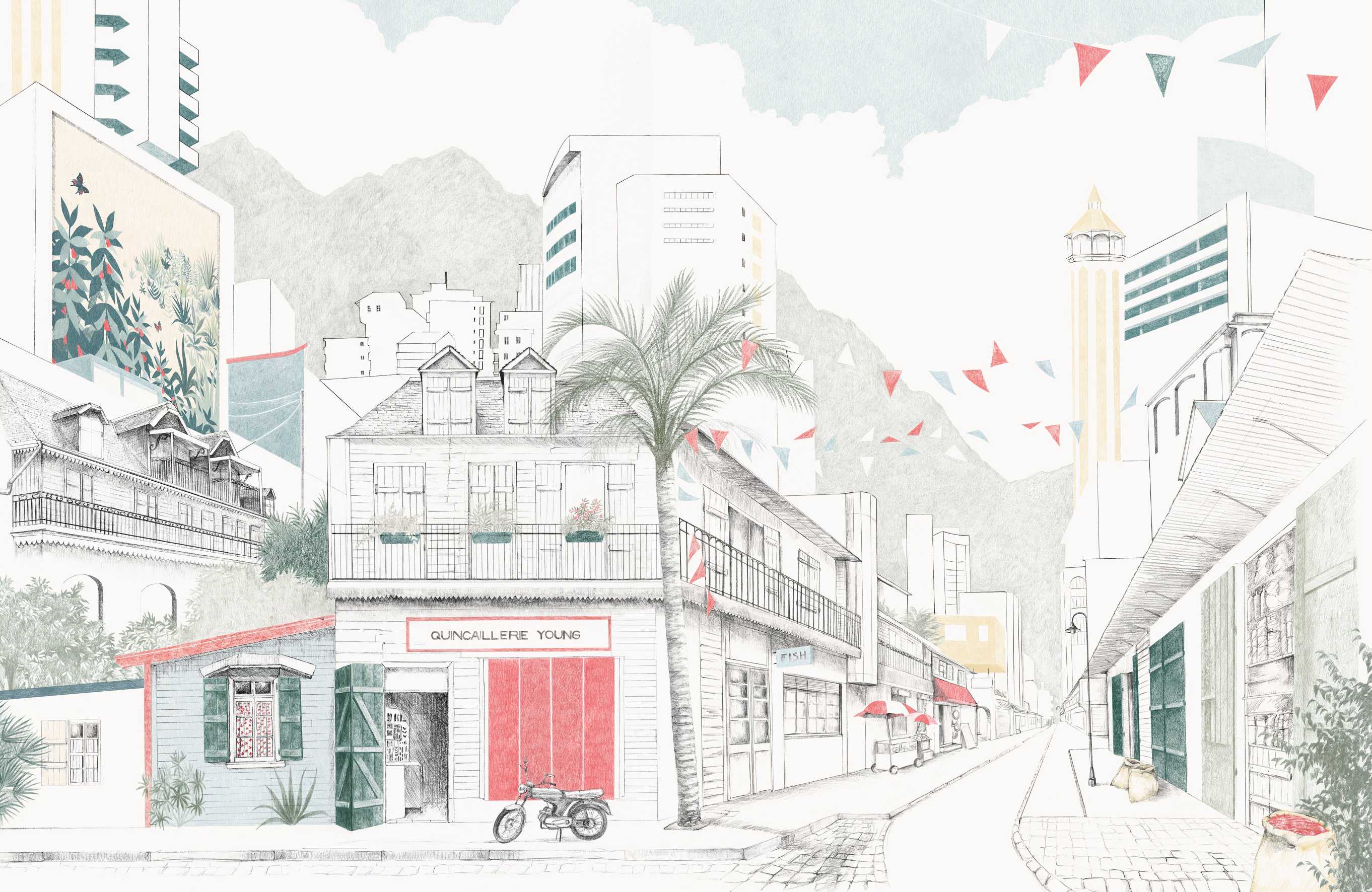 Hand-Drawn Urban Cityscape Mural in your room — zoomed