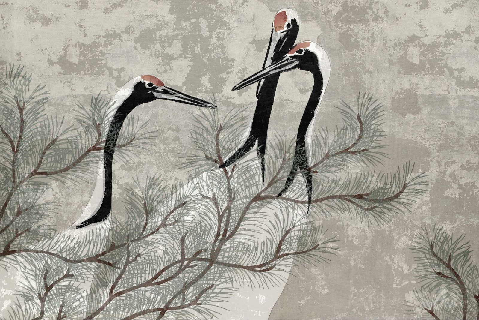 Oriental Crane Pine Tree Wallpaper in your room