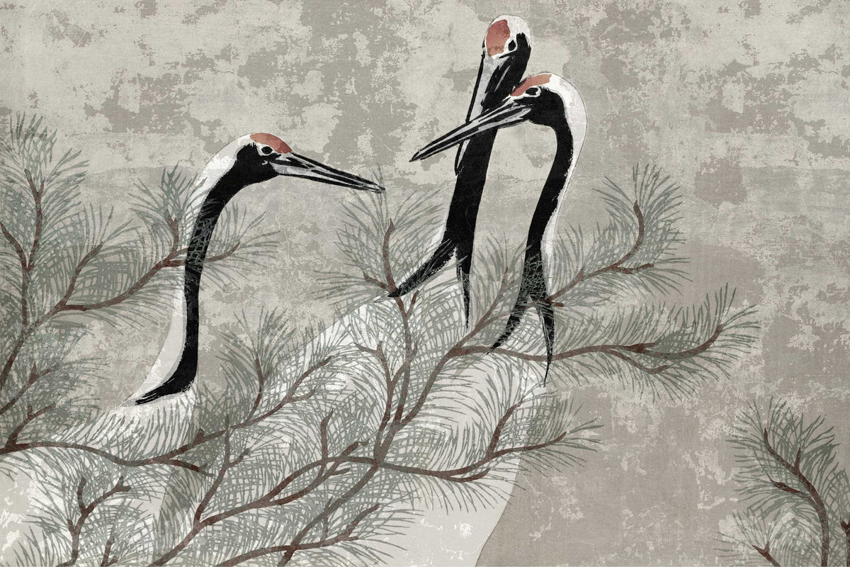 Oriental Crane Pine Tree Wallpaper in your room — zoomed