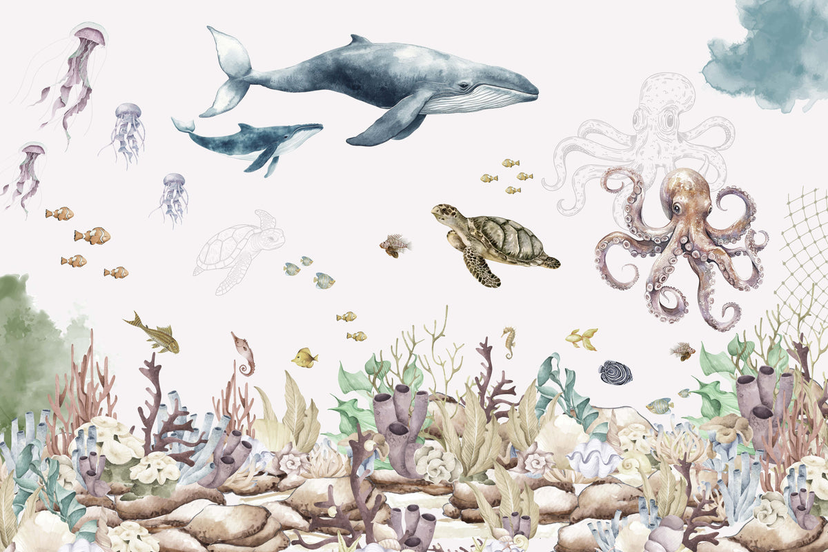 Aquarel oceaanleven muur muurschildering in your room — zoomed