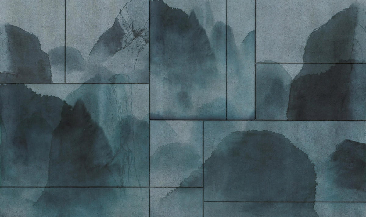 Misty Watercolor Mountain Wall Mural in your room — zoomed