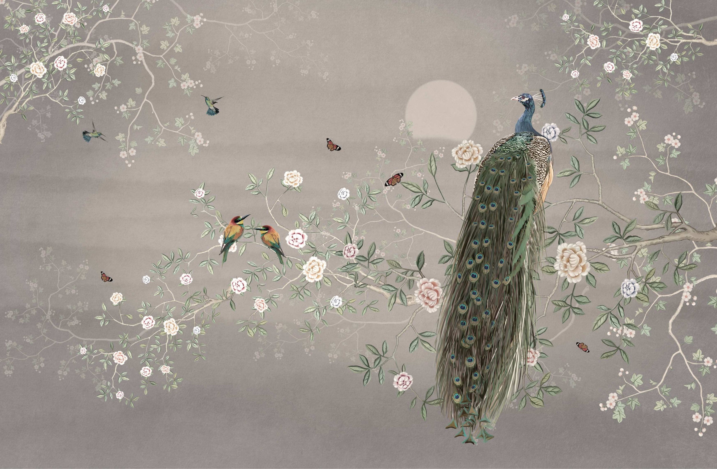 Chinoiserie Mural Wallpaper - Peacock in your room — zoomed