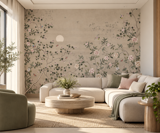 シノワズリの花と植物をモチーフにした壁画