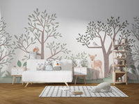 Watercolor forest wallpaper with deer and bear design