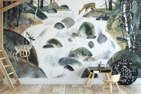 Lush woodland mural featuring wildlife