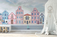 Elegant coastal mural wallpaper featuring