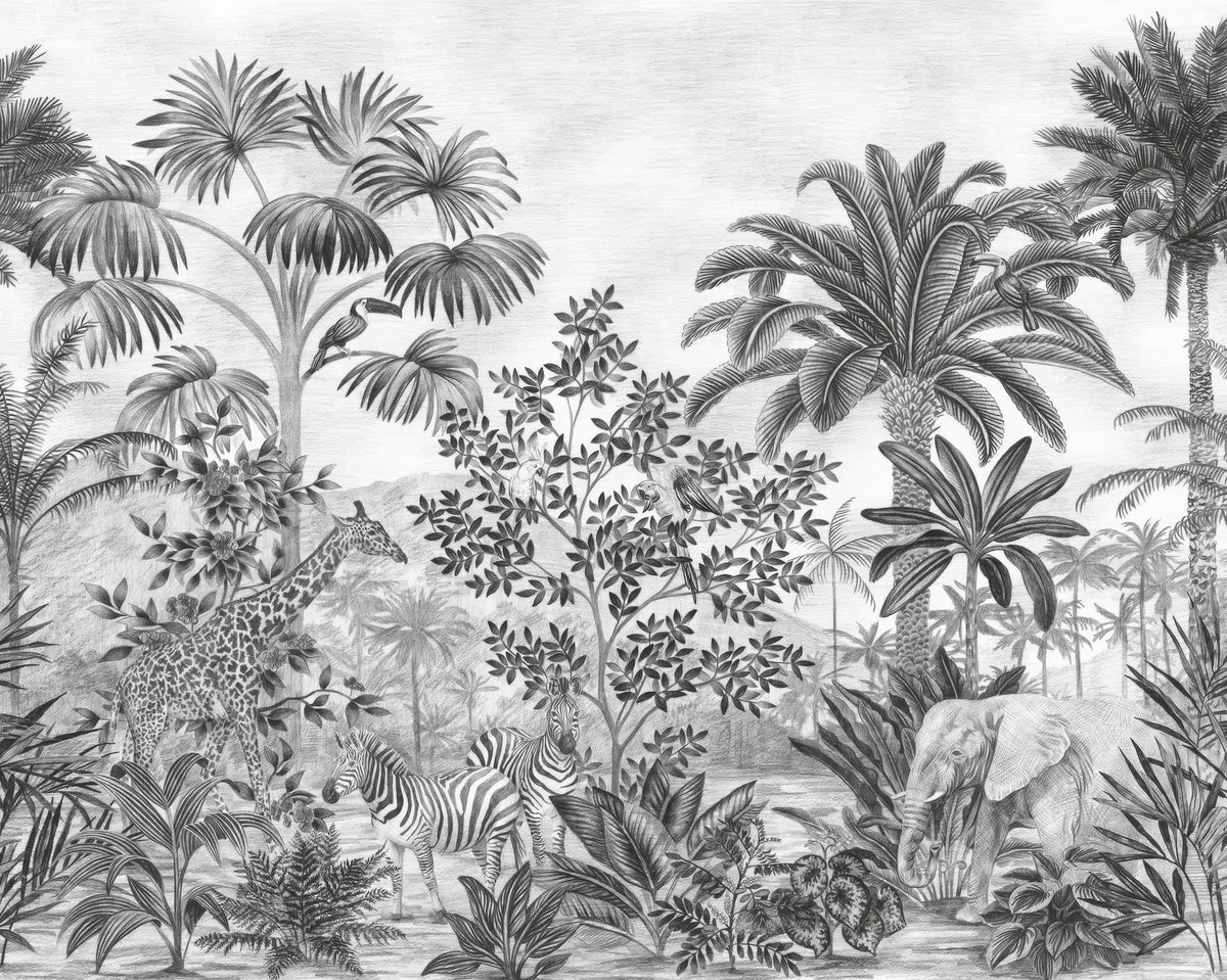 Tapet monocrom din jungla tropicală in your room — zoomed