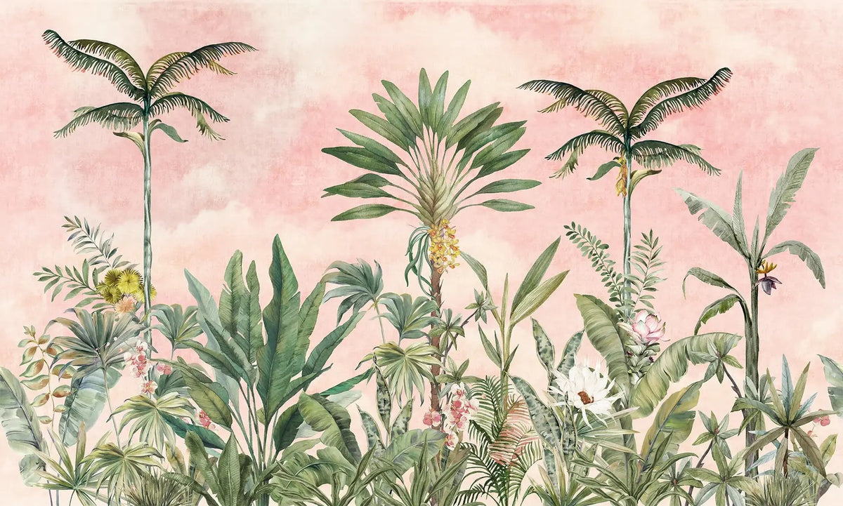 Vesiväri vaaleanpunainen trooppinen chinoiserie seinämaalaus in your room — zoomed