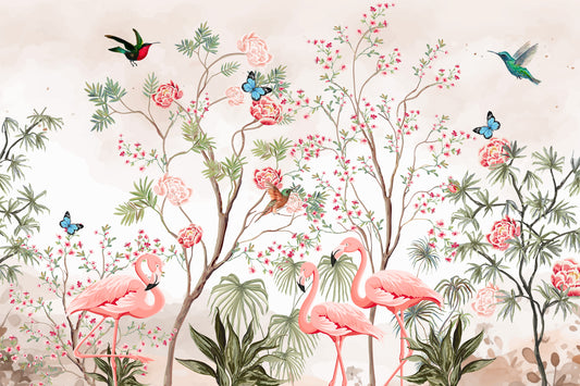 Chinoiserie Garden Flamingo Wallpaper - Pink