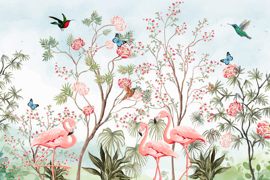 Wallpaper Flamingo in giardino chinoiserie - blu