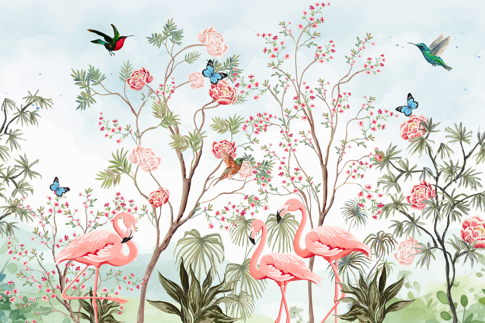 Chinoiserie Garden Flamingo Wallpaper - Blue