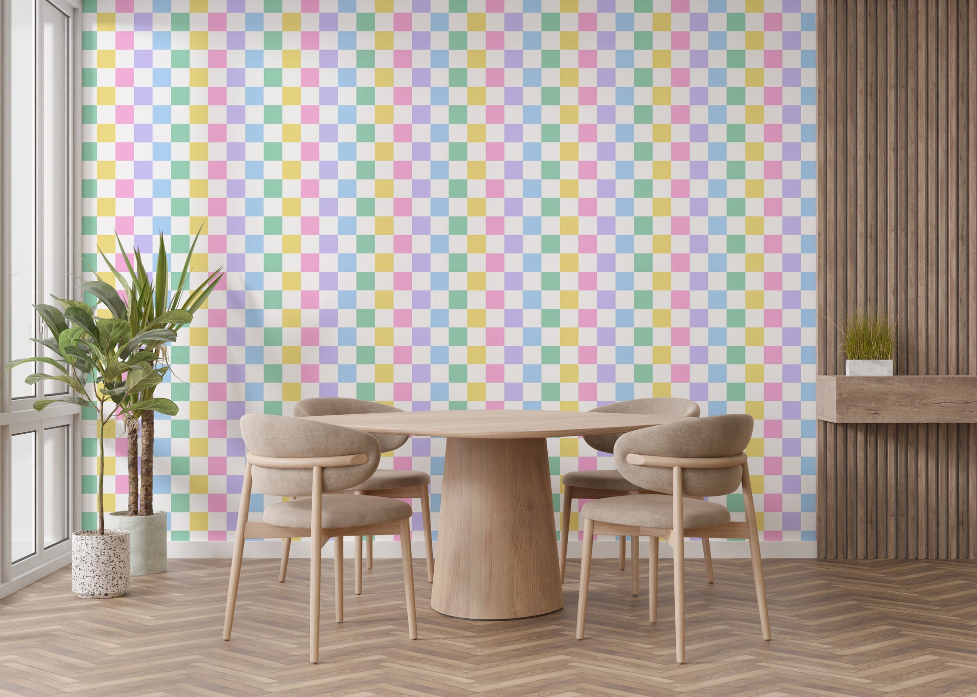 Cheerful checker pattern mural in pastel tones