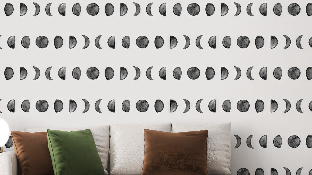 Cosmic lunar cycle wallpaper with gray moons