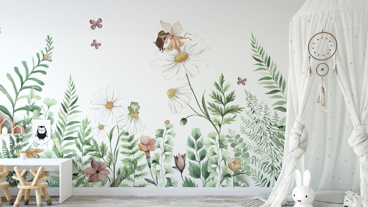 Children's room wallpaper for walls with floral wall decals.