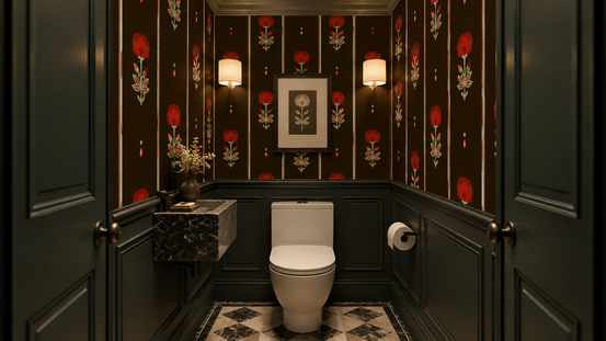 Crimson Folk Art Floral Stripe Wallpaper⁠
