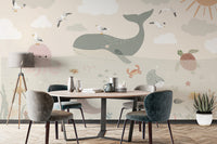 Soft pastel sea creatures mural for children’s spaces
