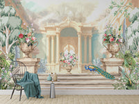 Classic European palace with floral and peacock wallpaper
