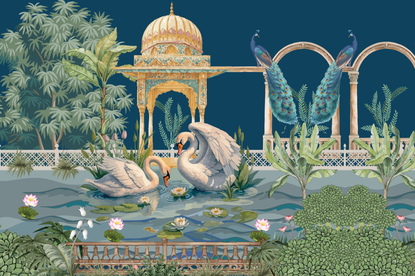 Romantisch Swan Lake Palace Muurschildering in your room — zoomed