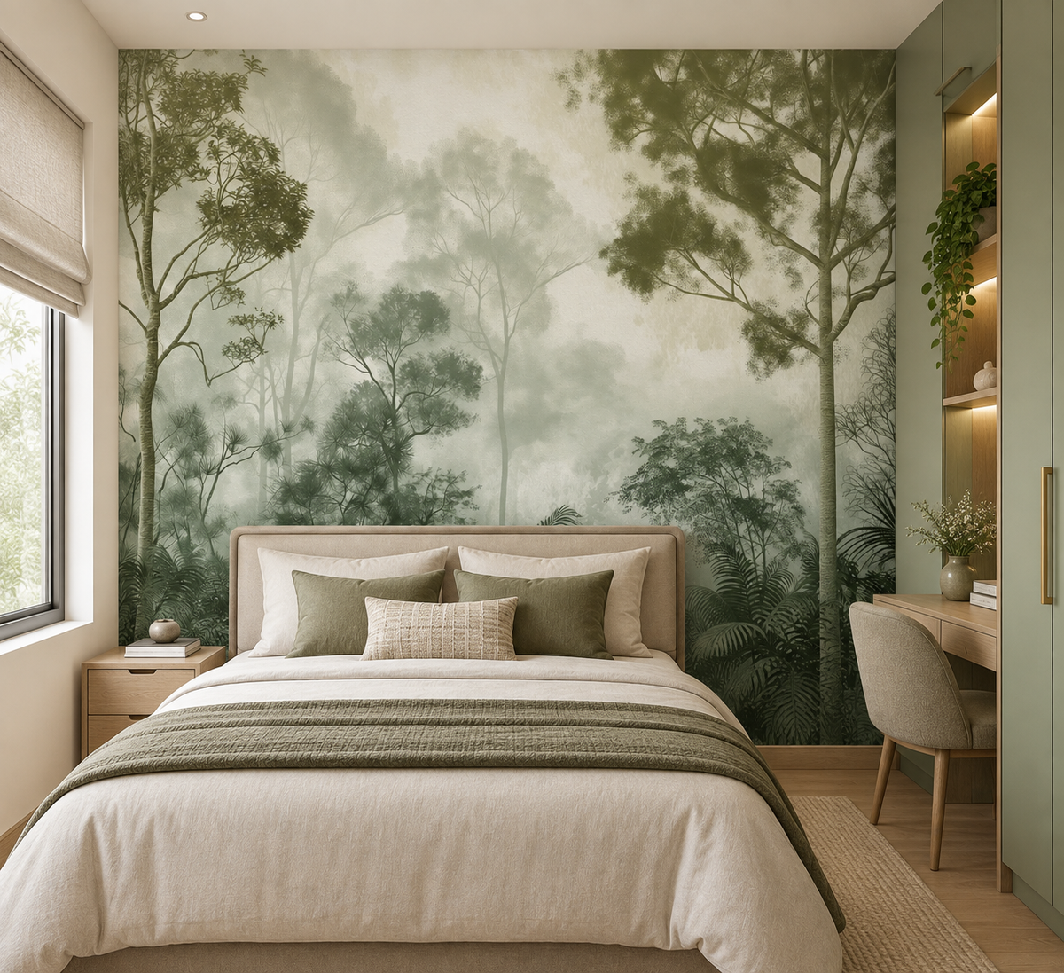 Tåkete grønn skog veggmaleri