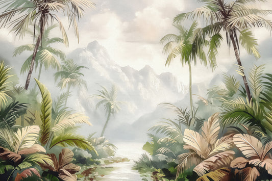 Mural de parede com tema de selva tropical enevoada