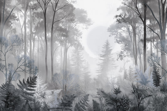 Murale da parete con foresta monocromatica nebbiosa