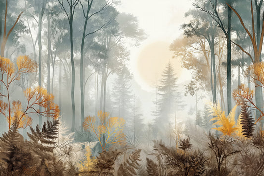 Mural de pared de bosque brumoso e iluminado por el sol
