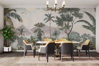 Serene deer and tropical birds in jungle wallpaper mural
