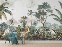 Palm trees and misty mountains in forest wallpaper mural
