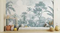 Black and white nature mural with forest and wildlife
