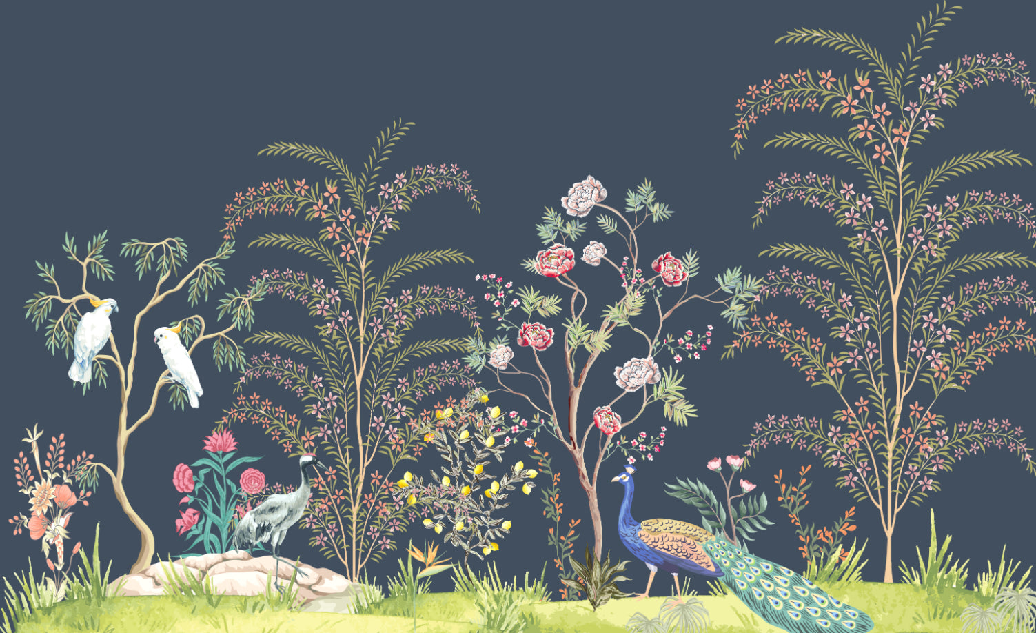 Elegant Peacock Chinoiserie Wallpaper in your room — zoomed