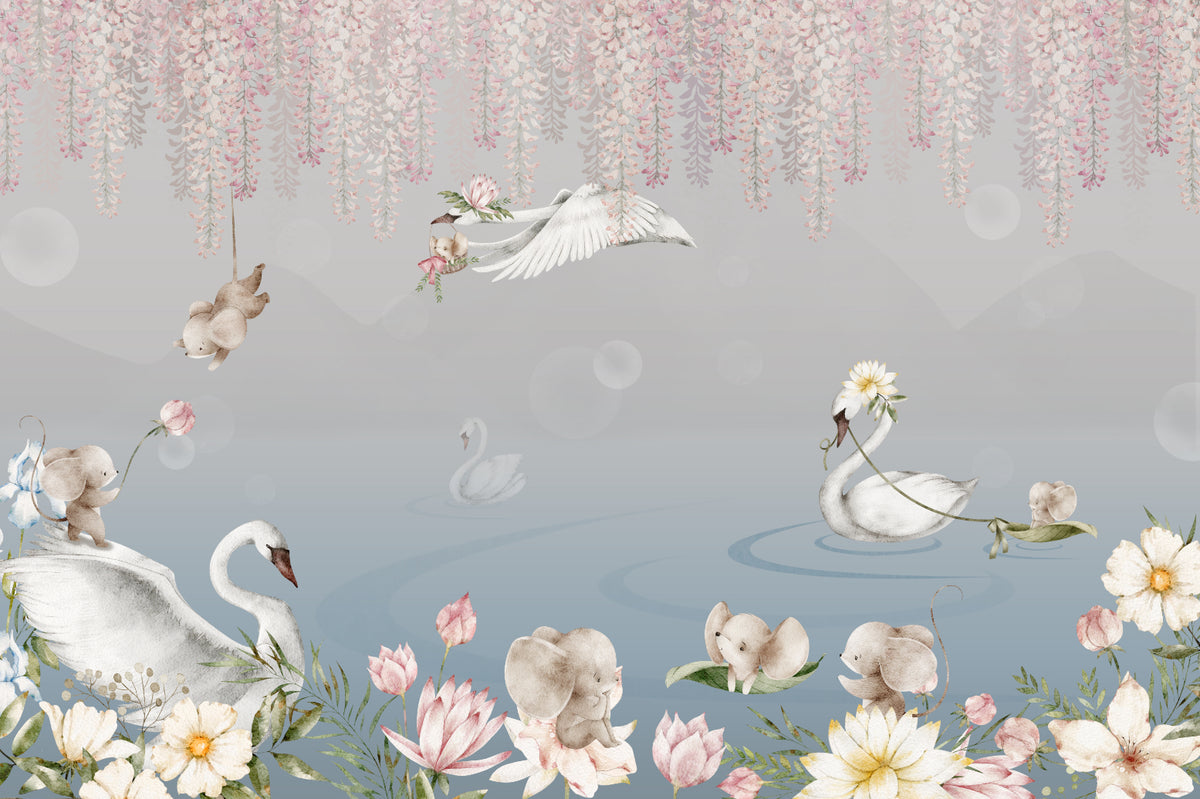 白鳥の湖と赤ちゃんの象の壁画