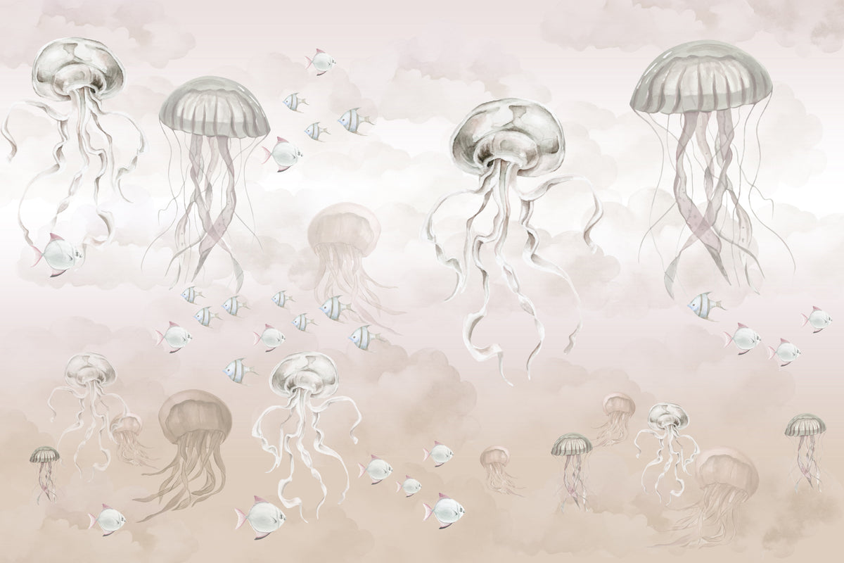 Fotomurale con meduse acquerello beige