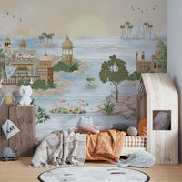 Scenic landscape wall mural with historic palaces

