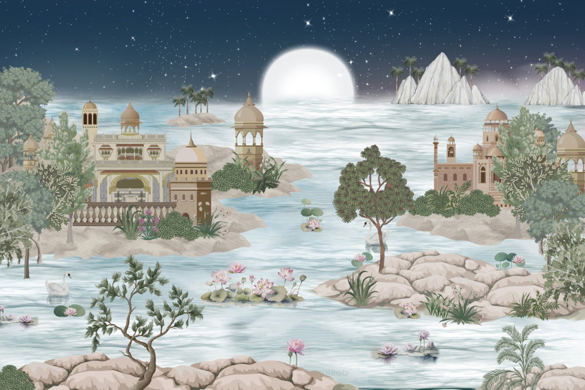 Royal Mughal Night landskap väggmålning in your room — zoomed
