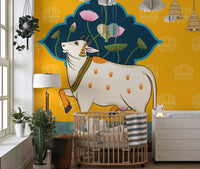 Spiritual cow illustration with traditional motifs
