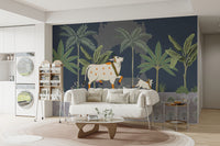 Hindu sacred cow worship mural with temple backdrop
