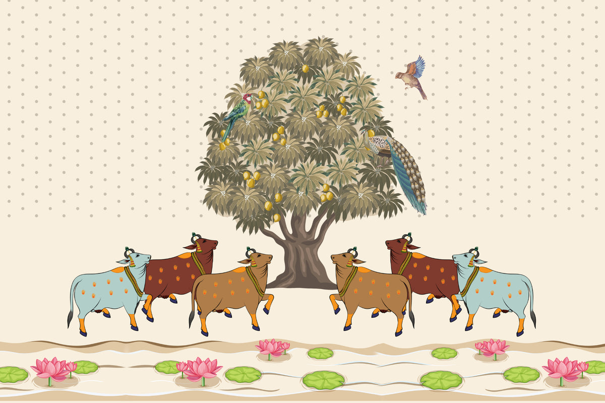 Pichwai Sacred Cows Mango Tree Mural in your room — zoomed