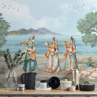 Mughal court women mural with ornate vessels
