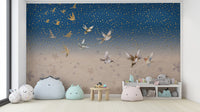 Celestial birds wallpaper with golden stars and deep blue sky
