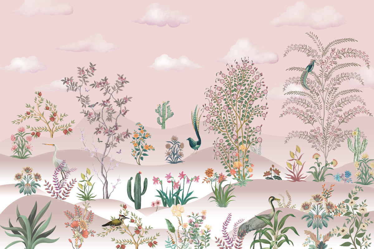 Pink Vintage Desert Botanical Wallpaper