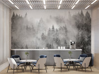 Soft fog pine forest mural in grayscale
