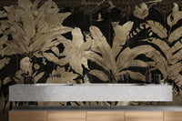 Luxury gold wallpaper with tropical leaves and lemurs
