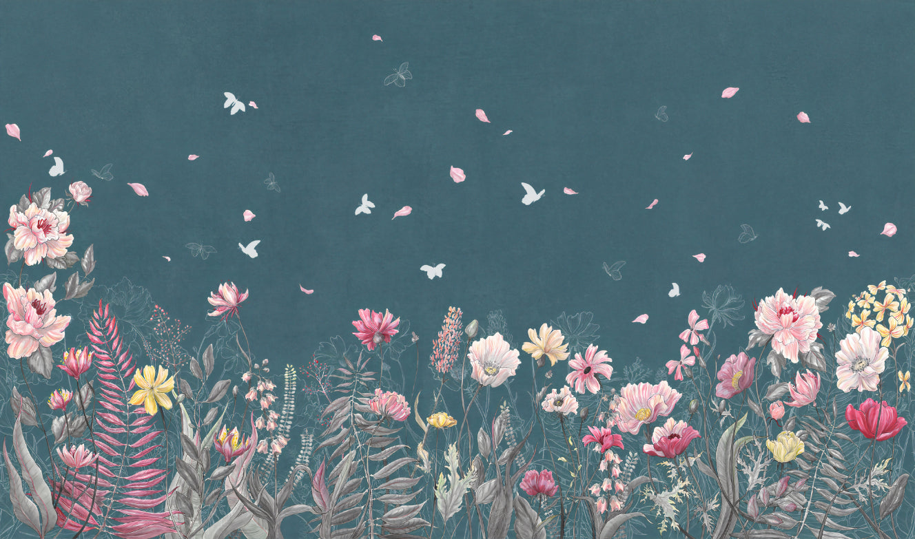 Tapet botanic floral teal