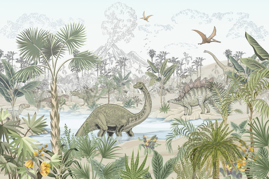Murale con dinosauri tropicali nella giungla