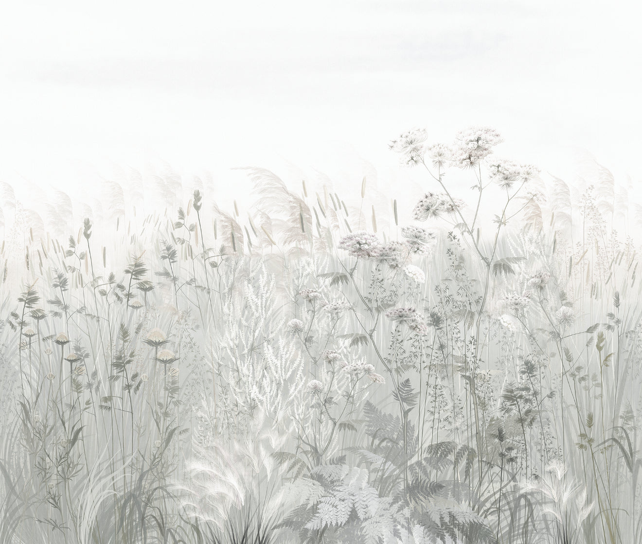 Neutral vægmaleri med vilde blomstereng