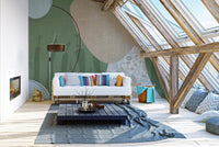 Geometric tribal wallpaper design in green and beige
