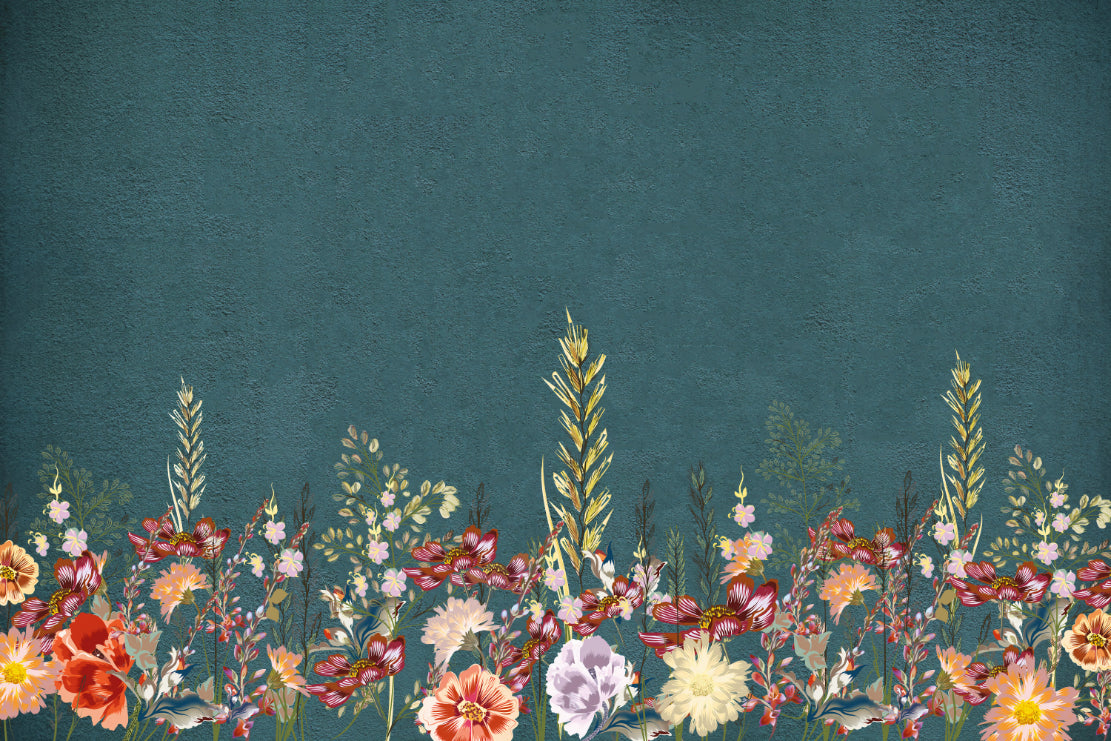 Teal Botanical Wildflower Wall Mural