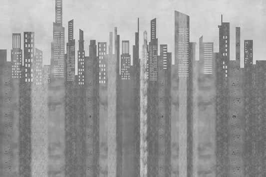 Mural de parede em tons de cinza com paisagem urbana