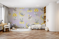 Pastel celestial wallpaper with baby elephants and yellow balloons.