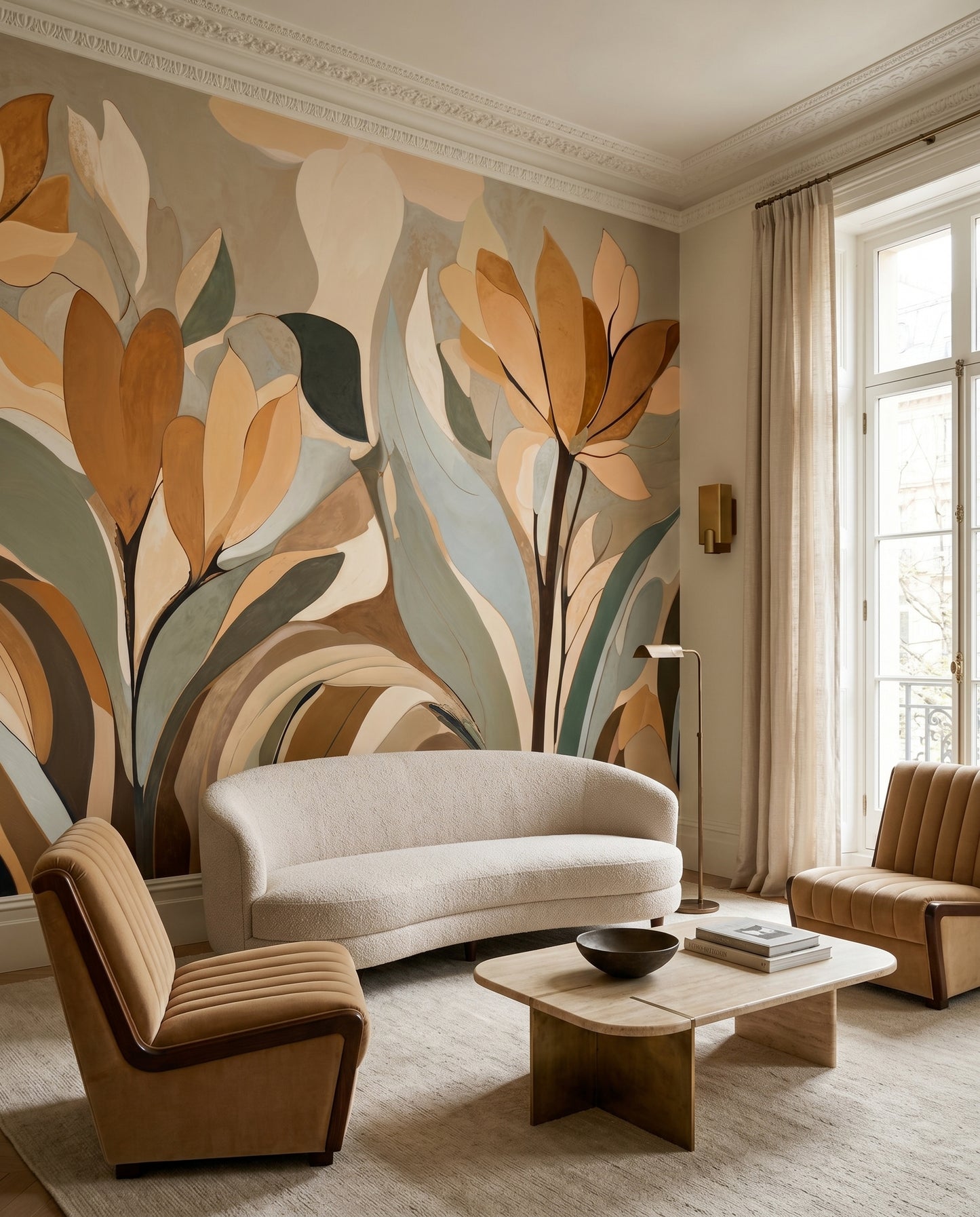 Magnolia and tulip shapes open up the Living room through the Emils Bloom wall mural.